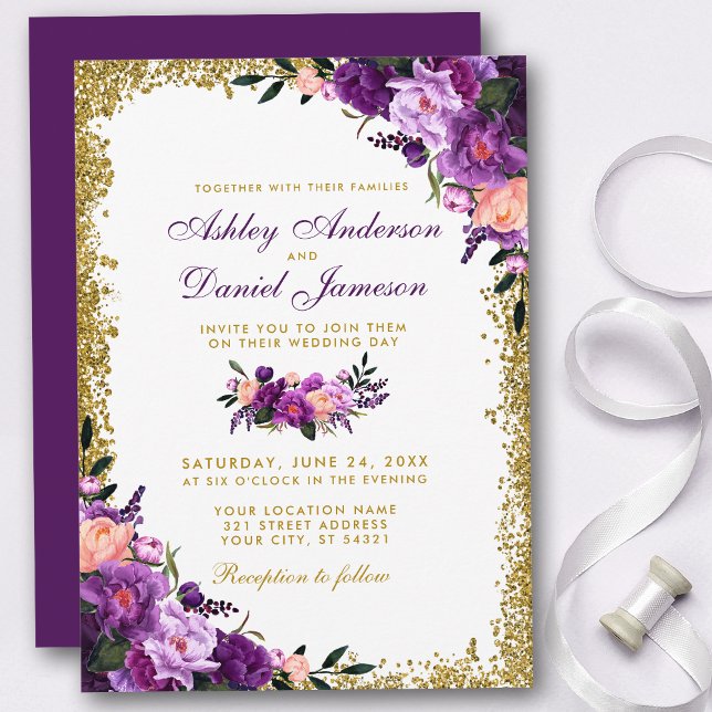 Lila Ultra-Violet-Glitzer-Hochzeit Einladung (Customize to change text color, style, add text & photos to back or change color of back of card.)