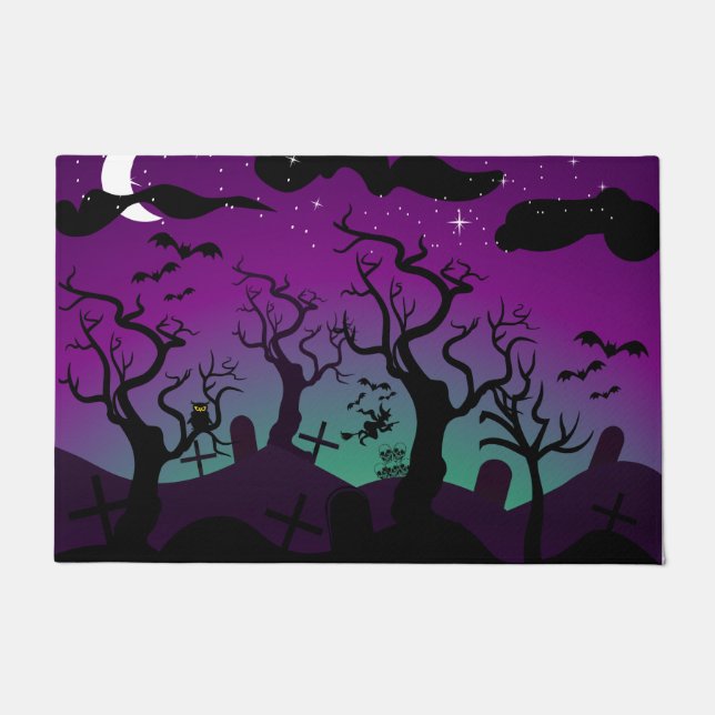 Lila und aqua Spuk Friedhof Halloween Fußmatte (Vorderseite)