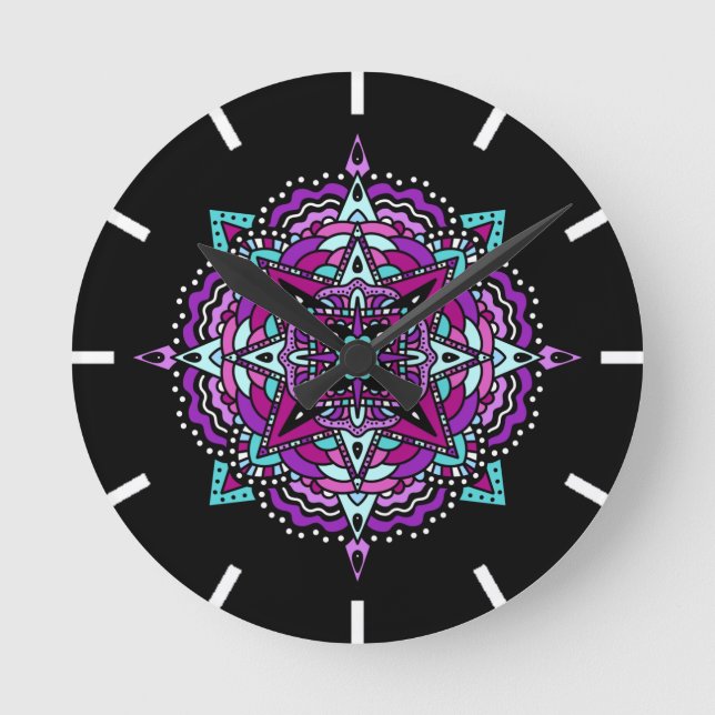 Lila und Aquamarin Mandala Runde Wanduhr (Vorderseite)