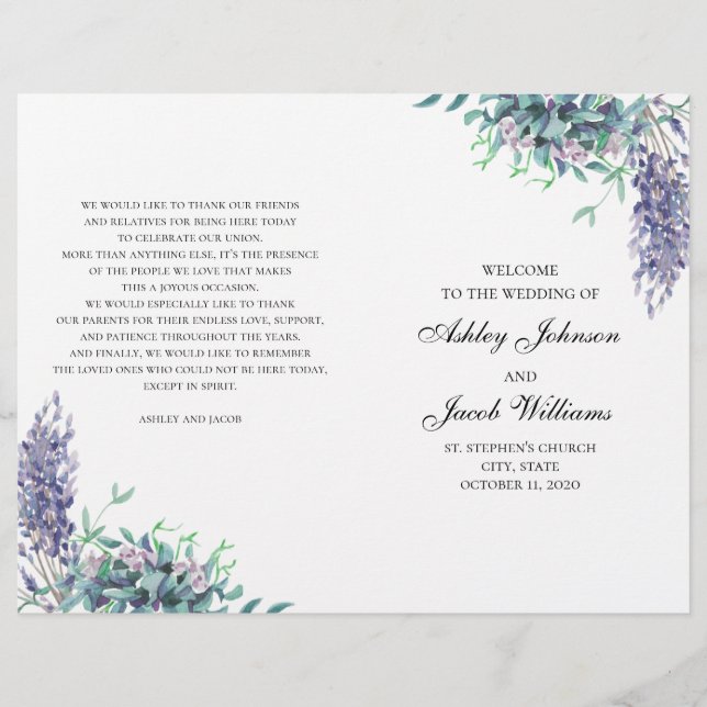 Lila und aquamarine Blume. Hochzeitsprogramm gefal (Vorderseite)