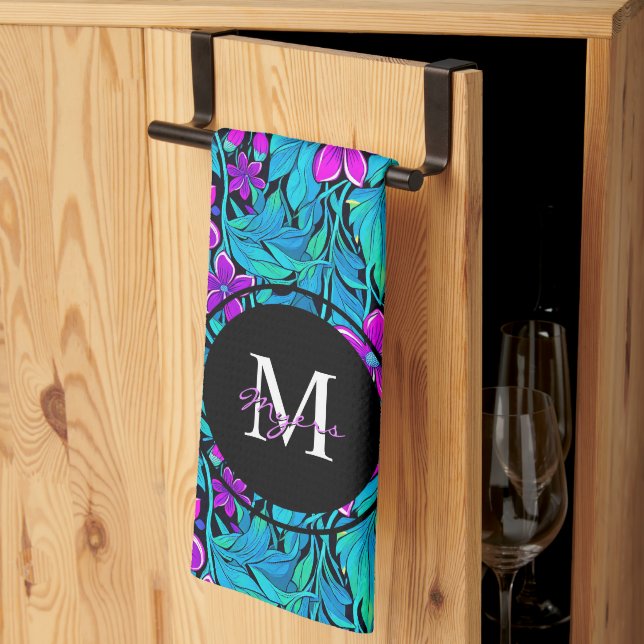 Lila und Aquamarine Blume und Personalisierte Foli Geschirrtuch (Drittel gefaltet)