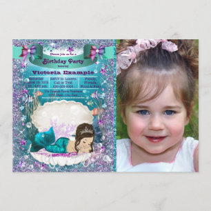 Lila und Aquamarine Brünette Mermaid-Geburtstagspa Einladung