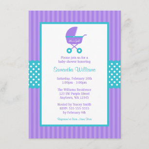 Lila und Aquamarine Carriage Strip Dots Babydusche Einladung