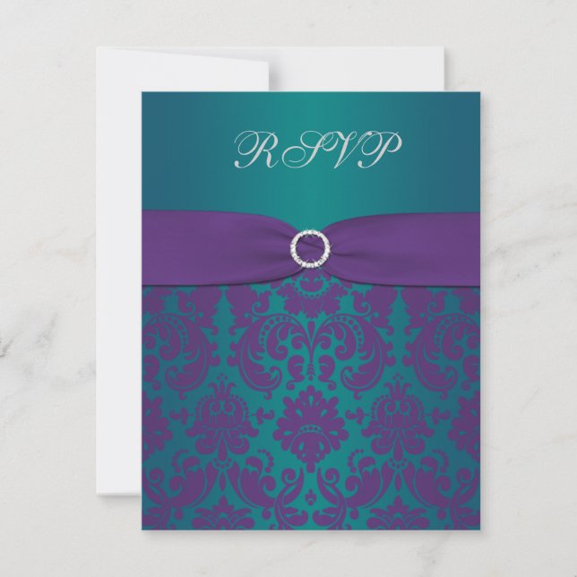 Lila und Aquamarine Damask-RSVP-Karte RSVP Karte (Vorderseite)
