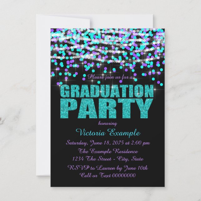 Lila und Aquamarine Graduierungspartei Confetti Einladung (Vorderseite)