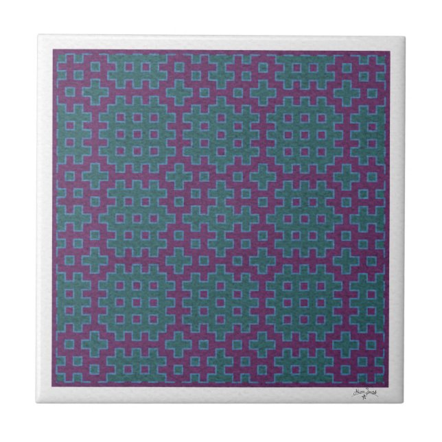 lila und aquamarine Hitomezashi-geometrische Kache Fliese (Vorderseite)