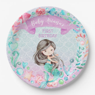 Lila und Aquamarine Mermaid Custom First Birthday Pappteller