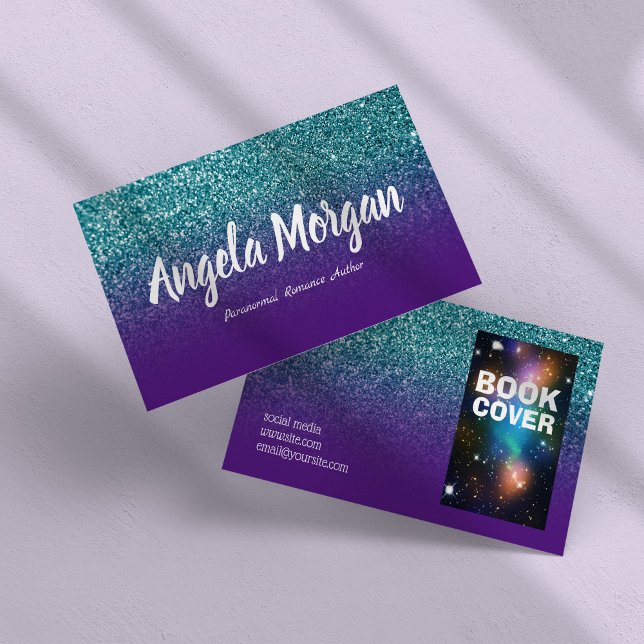 Lila und Aquamarine Ombre Glitzer Foto Author Visitenkarte (Purple and Teal Ombre Glitter Photo Author Business Card)