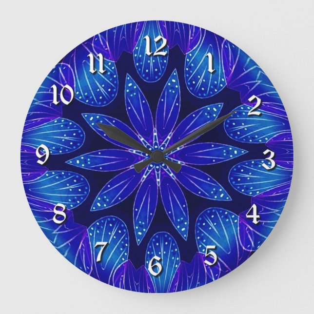 Lila und Aquamarine Petals Mandala Große Wanduhr (Vorderseite)