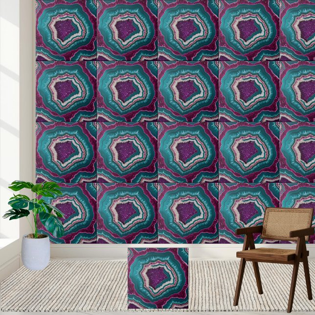 Lila und Aquamarine Ziehtafel Fliese (Purple and Teal Geode Slice Tile)