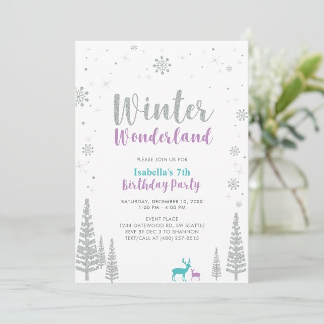 Lila und Aquamariner Winter Wonderland Kindergebur Einladung (Stehend Vorderseite)