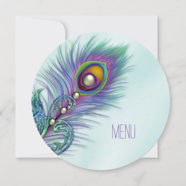 Lila und Aquamarines Blue Peacock Wedding Menu Einladung (Vorderseite)