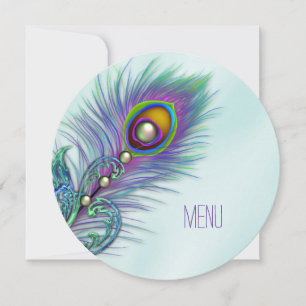Lila und Aquamarines Blue Peacock Wedding Menu Einladung