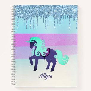 Lila und Aquamarines Einhorn mit Imitaten Glitzer  Notizbuch