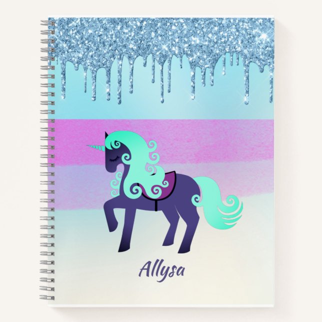 Lila und Aquamarines Einhorn mit Imitaten Glitzer  Notizbuch (Vorderseite)