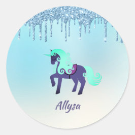 Lila und Aquamarines Einhorn mit Imitaten Glitzer Runder Aufkleber