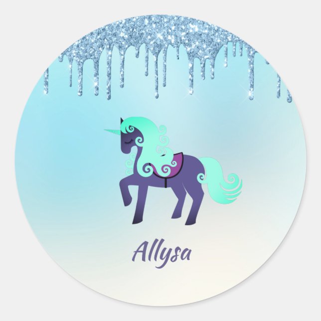 Lila und Aquamarines Einhorn mit Imitaten Glitzer  Runder Aufkleber (Vorderseite)