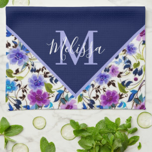 Lila und blau floral personalisiert geschirrtuch
