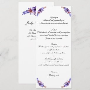 Lila und blaue Aquarell-Blumen-Hochzeitsmenü Einladung