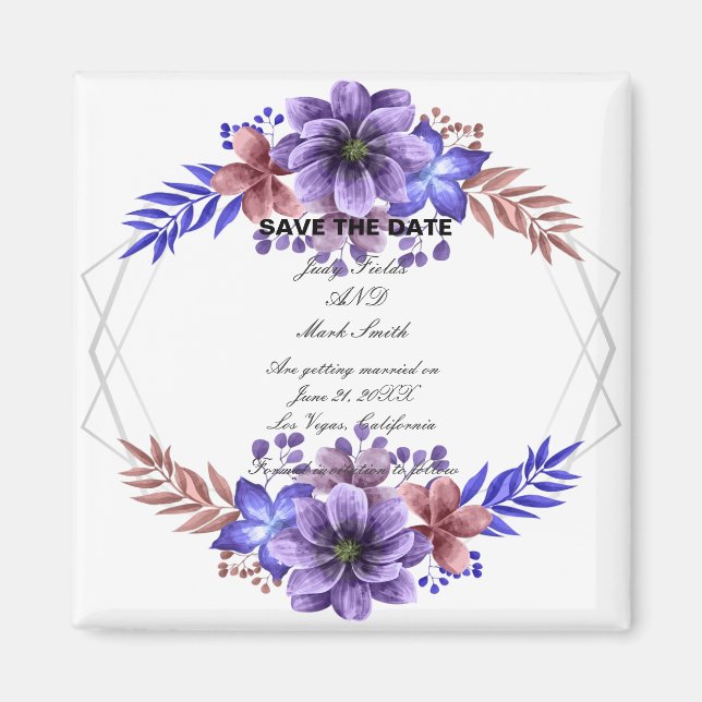 Lila und blaue Aquarellblumen Save the Date Magnet (Vorne)
