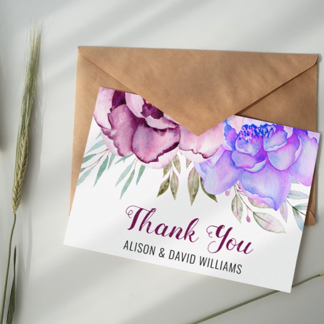 Lila und blaue Aquarellfarben-Blume Blumenhochzeit Dankeskarte (Von Creator hochgeladen)