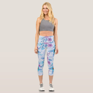 Lila und blaue Blumen Capri Leggings