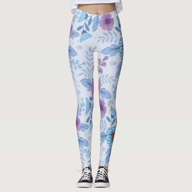 Lila und blaue Blumen Leggings (Vorderseite)