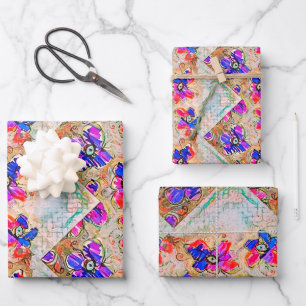 Lila und blaue Blumen Squares Zigzags Geschenkpapier Set
