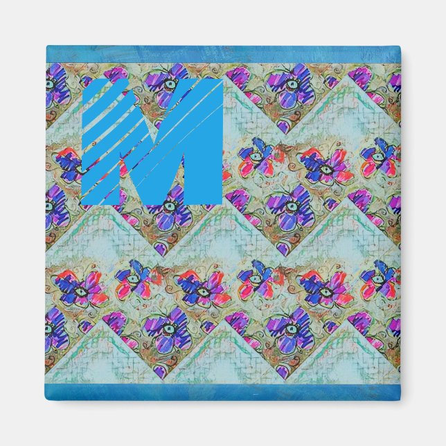 Lila und blaue Blumen Squares Zigzags Magnet (Vorne)