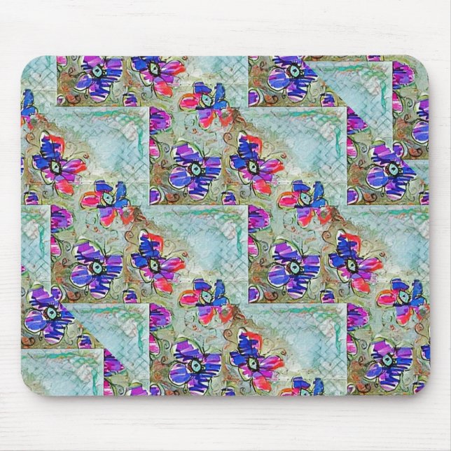 Lila und blaue Blumen Squares Zigzags Mousepad (Vorne)
