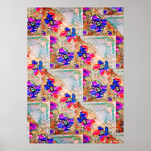 Lila und blaue Blumen Squares Zigzags Poster (Vorne)