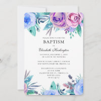 Lila und blaue Blumen Taufe. Einladung