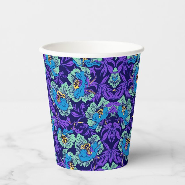 Lila und blaue Blumen William Morris Pappbecher (Vorderseite)