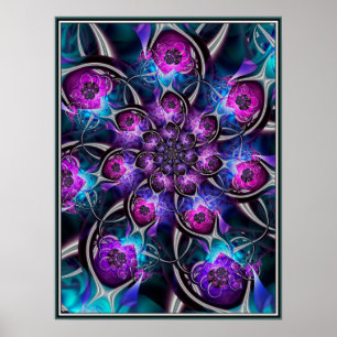 Lila und blaue Blumenfraktal Poster
