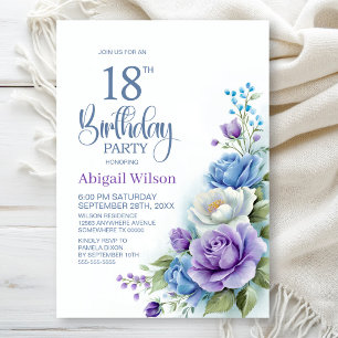 Lila und blaue Blumenparty zum 18. Geburtstag Einladung