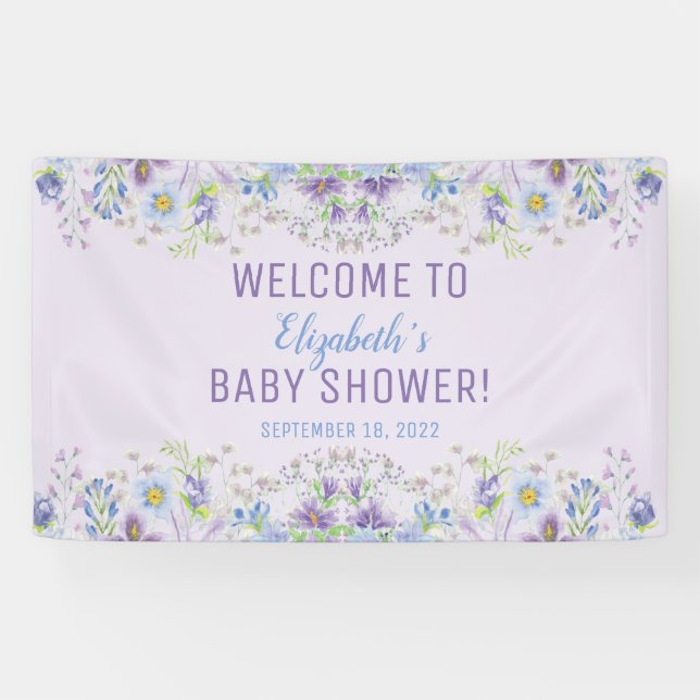 Lila und blaue Blütenbaby-Dusche Banner (Horizontal)