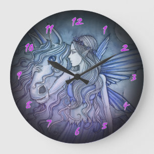 Lila und blaue Fee-und Unicorn-Uhr Große Wanduhr