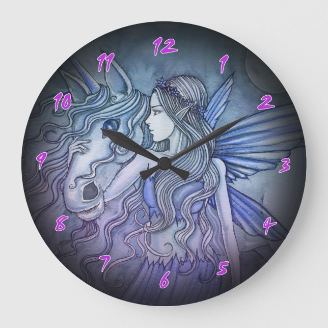 Lila und blaue Fee-und Unicorn-Uhr Große Wanduhr (Vorderseite)