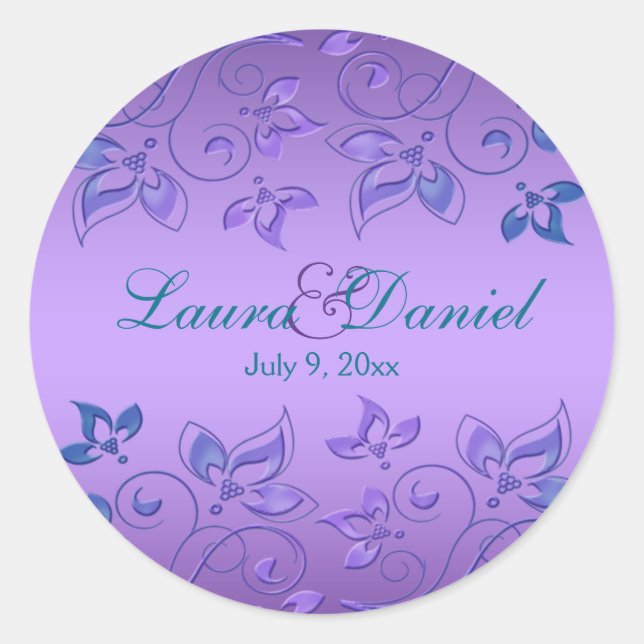 Lila und blaue Flora 1,5" Round Wedding Sticker (Vorderseite)