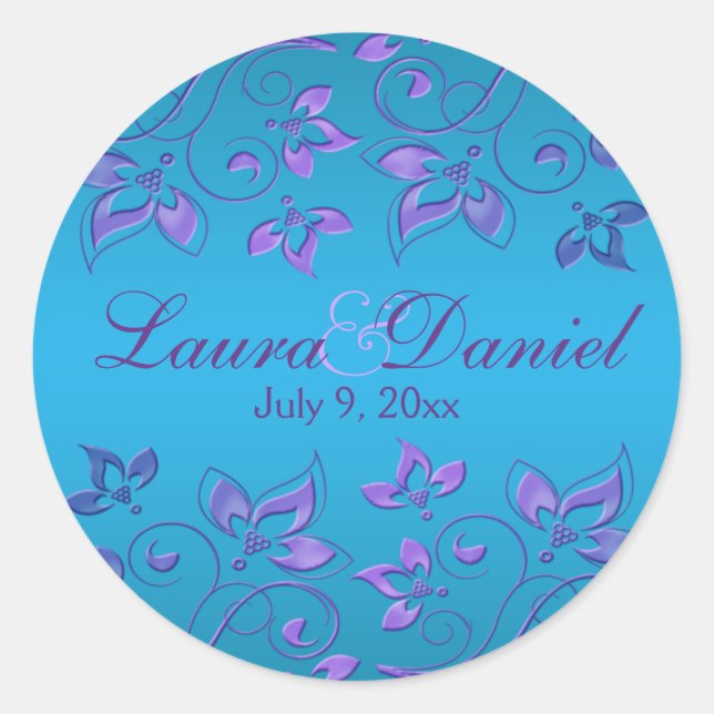 Lila und blaue Flora 1,5" Round Wedding Sticker (Vorderseite)