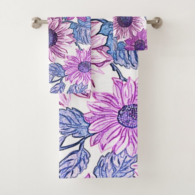 Lila und blaue Flora Set Badehandtuch (Insitu)