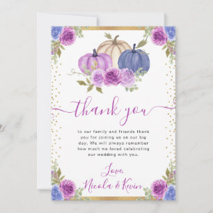 Lila und blaue florale Kürbisse Herbsthochzeit Dankeskarte