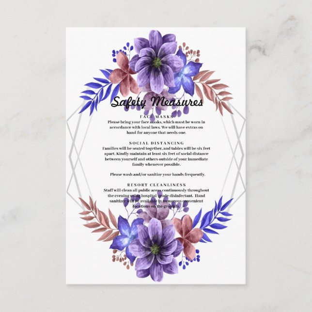 Lila und blaue florale Sicherheitsmaßnahmen Begleitkarte (Vorderseite)