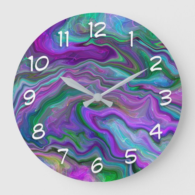 Lila und blaue Fluid Art Rundkissen Große Wanduhr (Vorderseite)