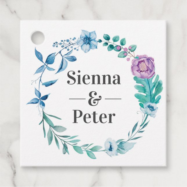 Lila und blaue Gastgeschenk Hochzeiten mit Blumenk Geschenkanhänger (Vorderseite)