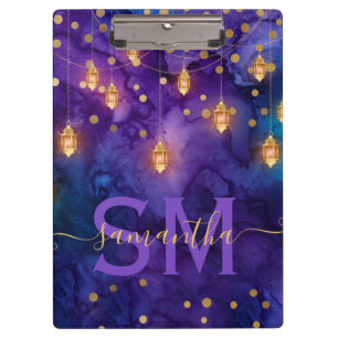 Lila- und Blaue Laternen-Glow-Monogramm Klemmbrett