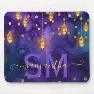 Lila und blaue Laternen-Glow-Monogramm Mousepad