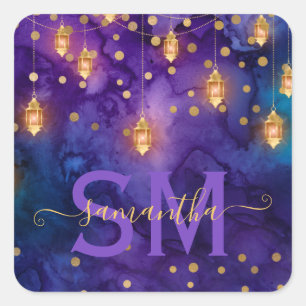 Lila und blaue Laternen-Glow-Monogramm Quadratischer Aufkleber