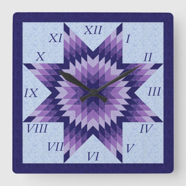 Lila und blaue Lone Star Quilt Design Square Wall Quadratische Wanduhr (Vorderseite)