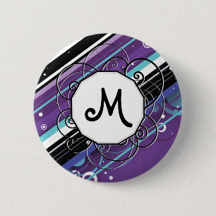 Lila und blaue Modern-Retro Streifen mit Monogramm Button